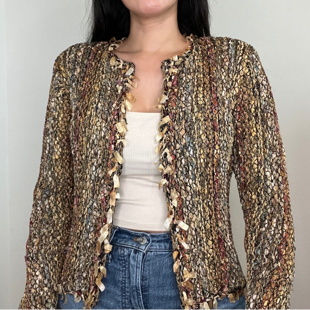 Cici Bianca‎ Metallic Knit Ribbon Fringe Cardigan Jacket Earth Tones Small